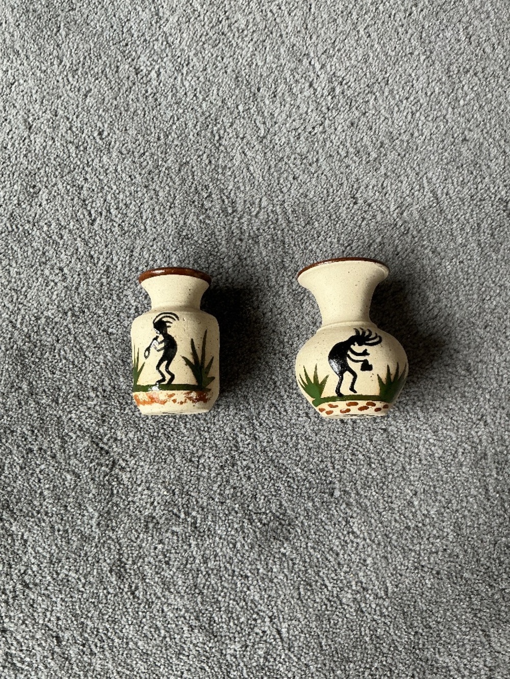Vintage mini Mexican Kokopelli bud vases, set of 2